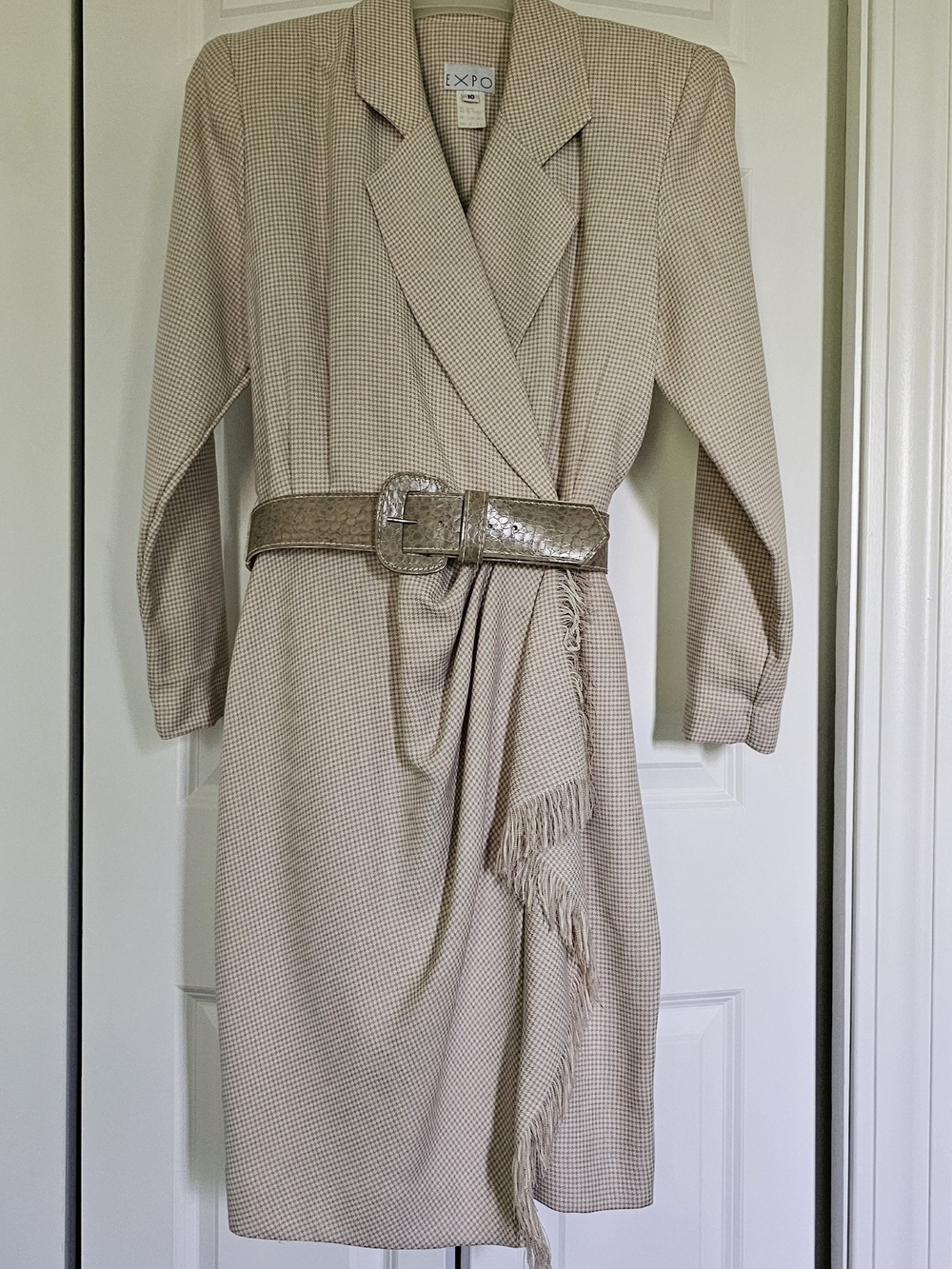 EXPO Dress Beige Houndstooth Draped Blazer Style with Belt and Fringe